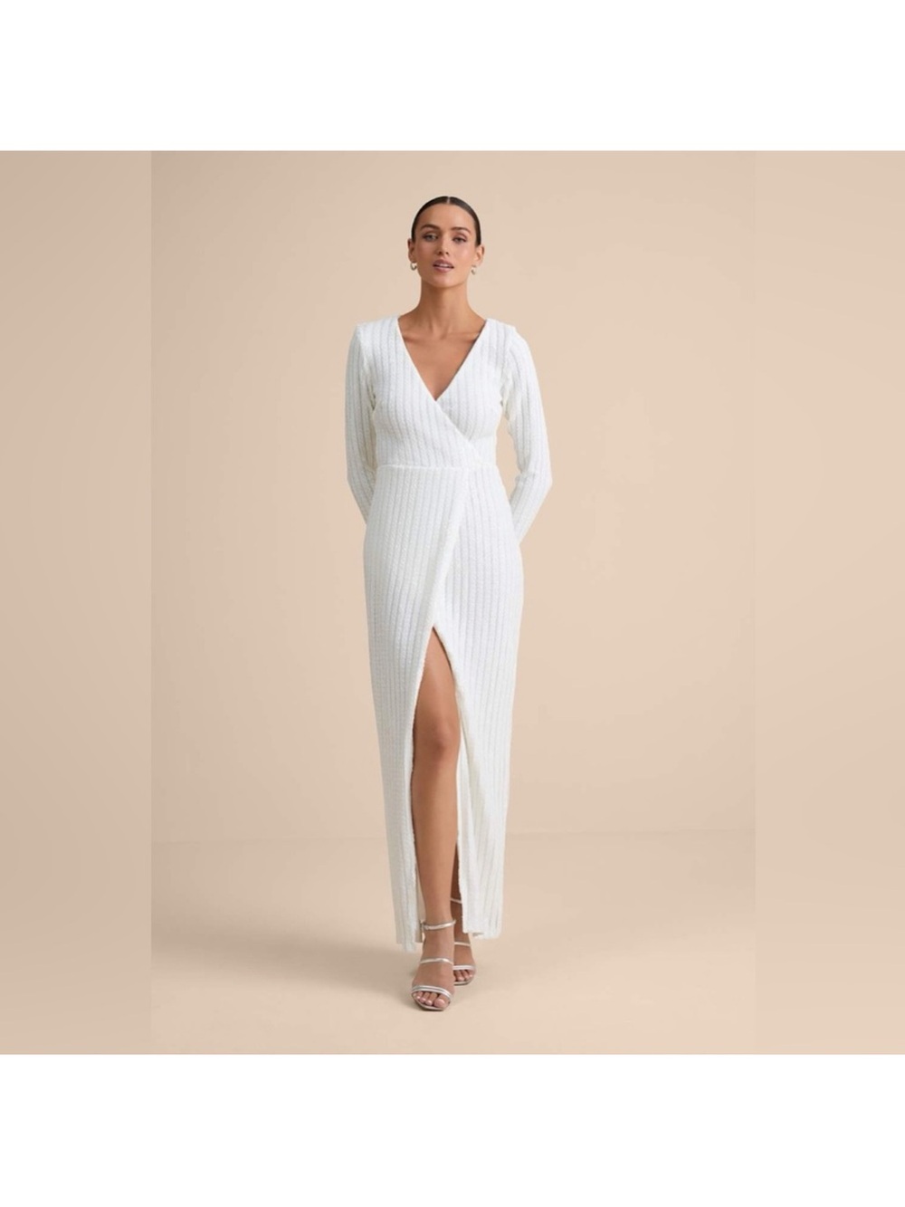 Lulu's White Sequin Wrap Maxi with High Front Slit